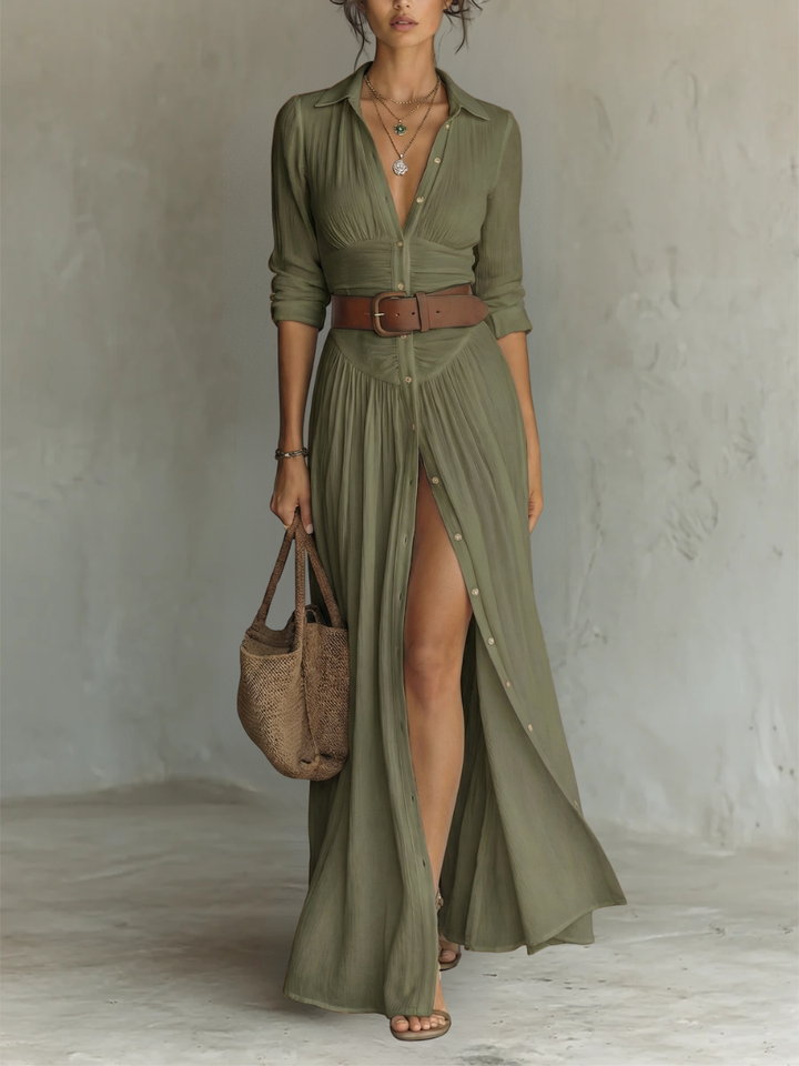Robe Maxi Col Revers Manches Longues