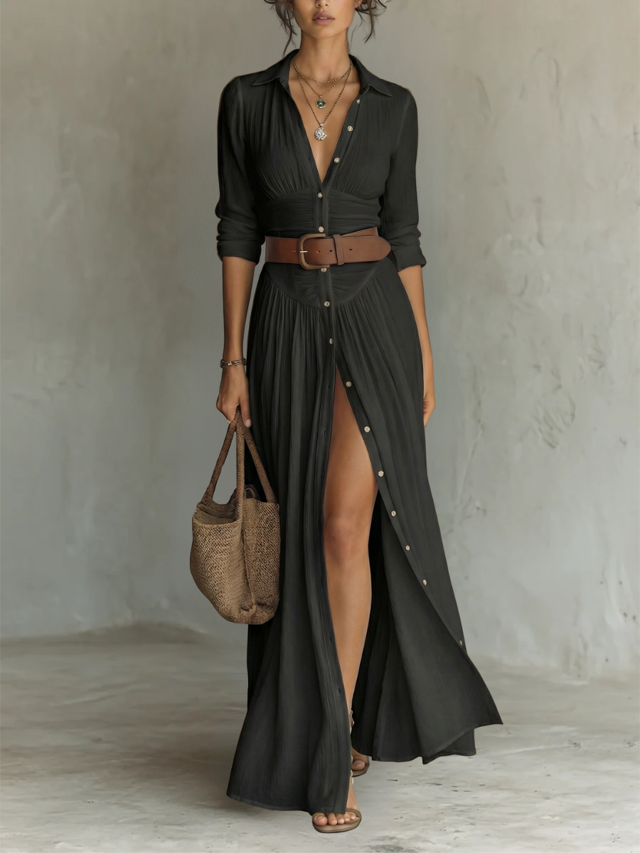 Robe Maxi Col Revers Manches Longues