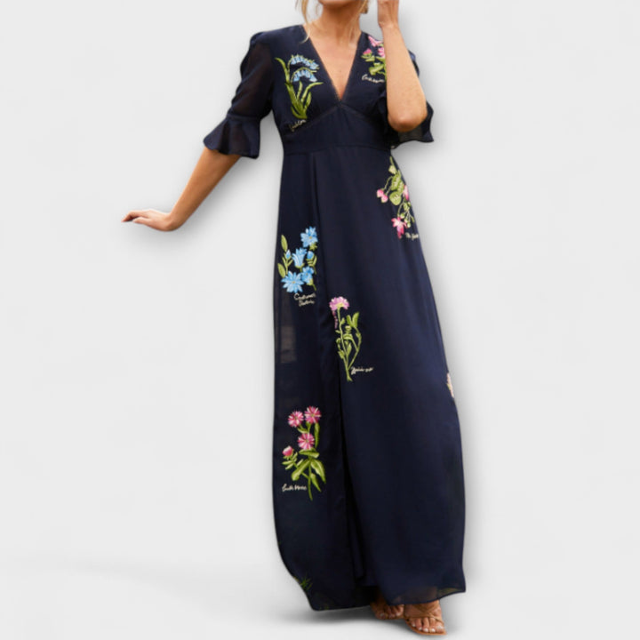 Béatrice - Élégante robe bleu marine avec broderie florale