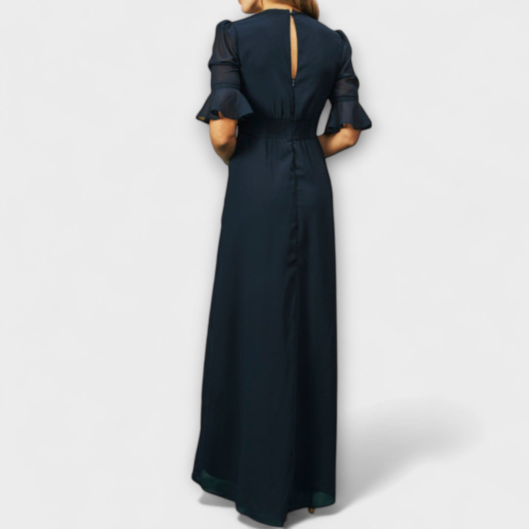 Béatrice - Élégante robe bleu marine avec broderie florale