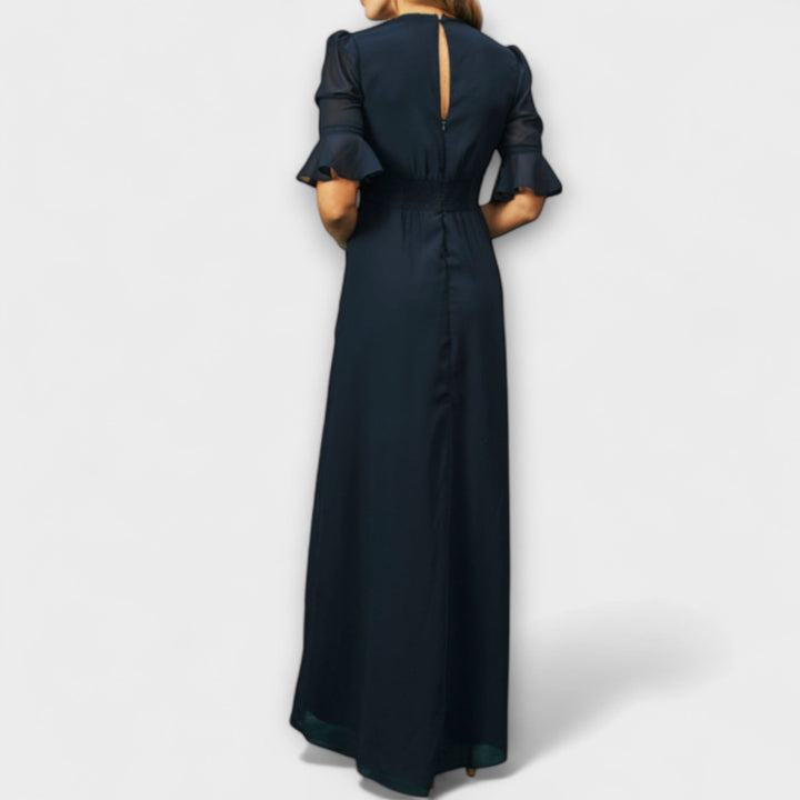 Béatrice - Élégante robe bleu marine avec broderie florale
