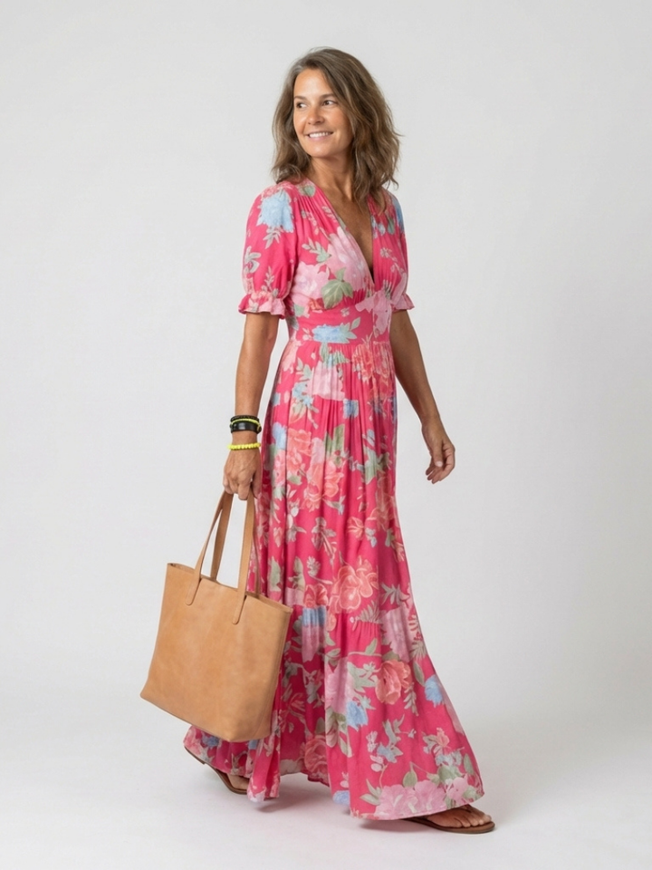 Ione | Robe midi à fleurs sans manches avec décolleté en V