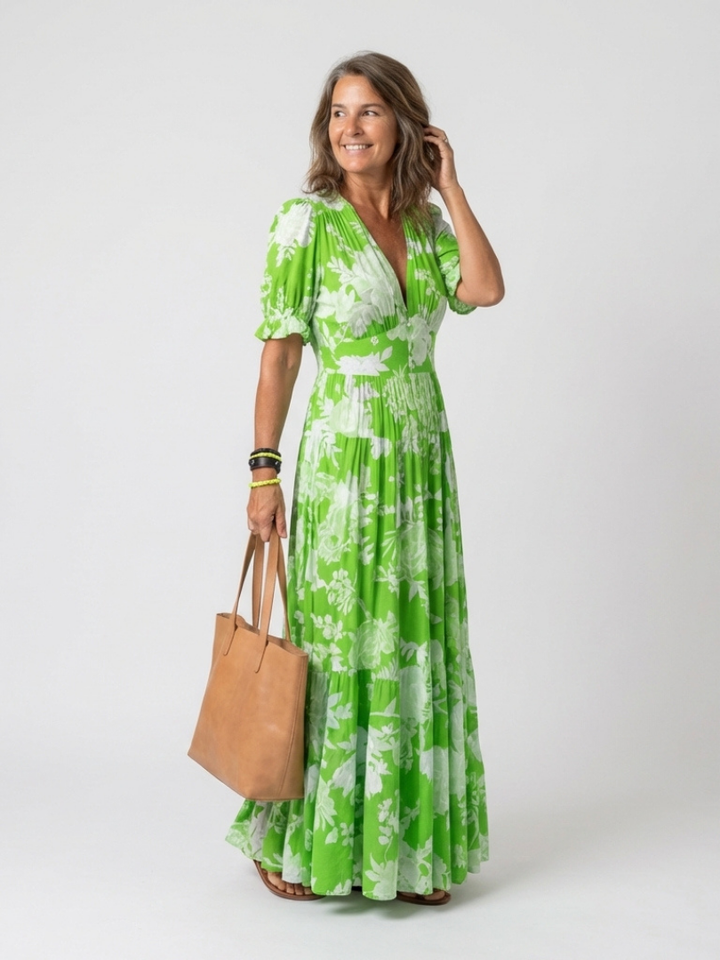 Ione | Robe midi à fleurs sans manches avec décolleté en V