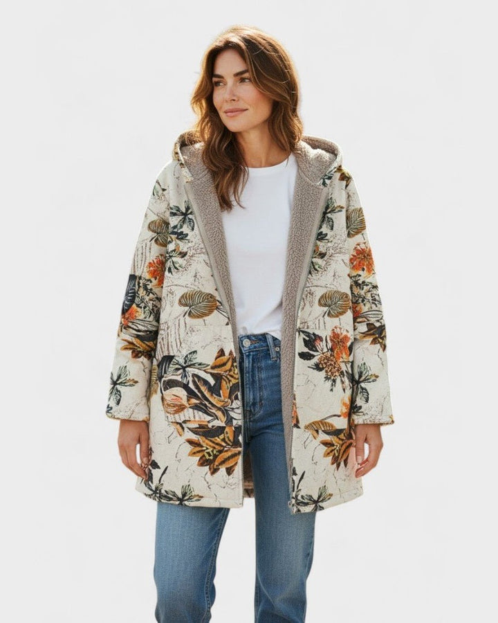 Elena - Manteau Sherpa Bohème à Fleurs avec Capuche