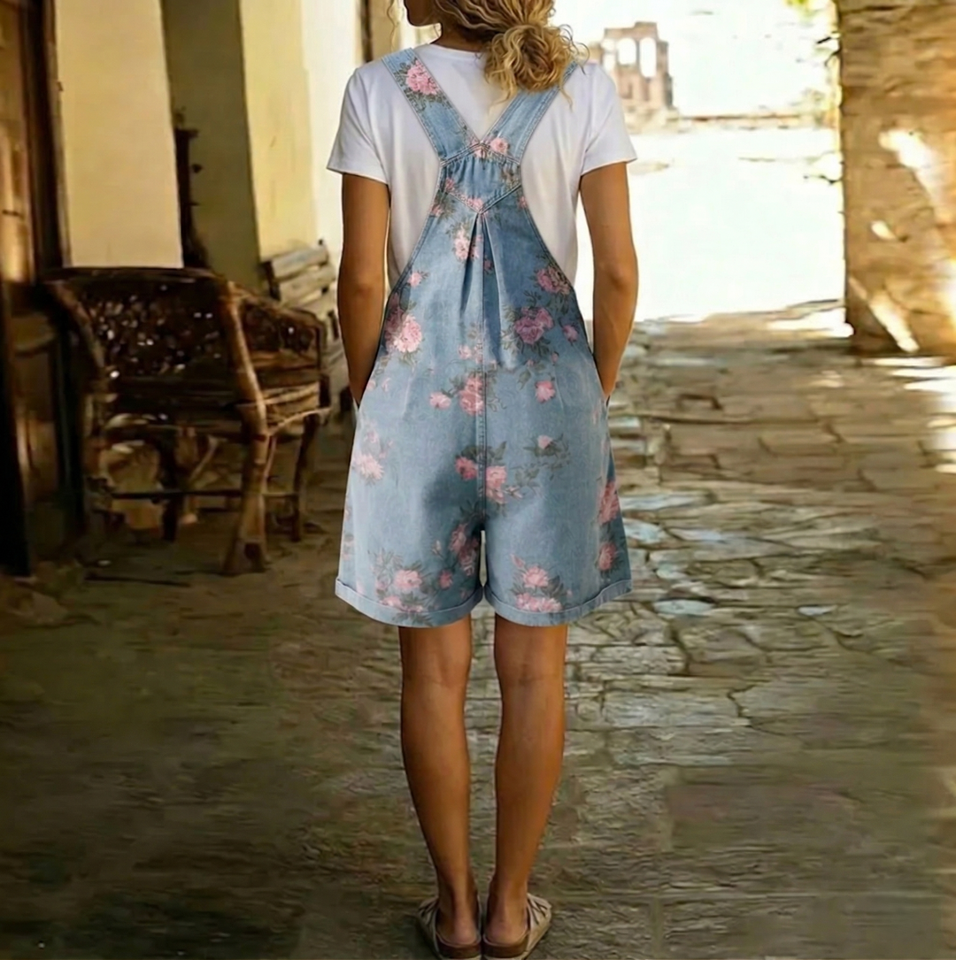 Adriana - Combinaison en denim floral au toucher doux en coton avec finition vintage