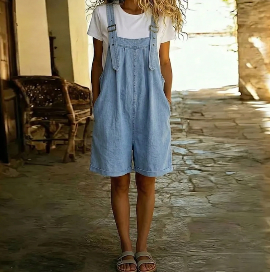 Isabel - Combinaison courte en denim doux au toucher avec finition vintage en bleu clair