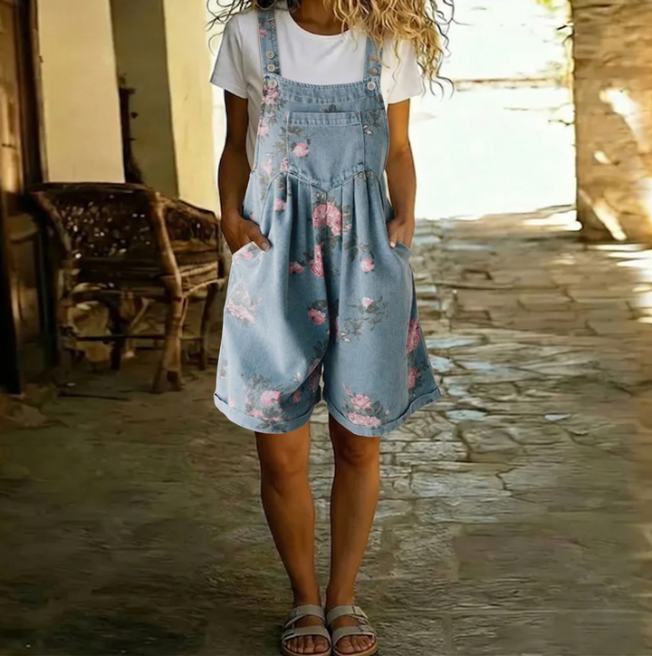 Adriana - Combinaison en denim floral au toucher doux en coton avec finition vintage
