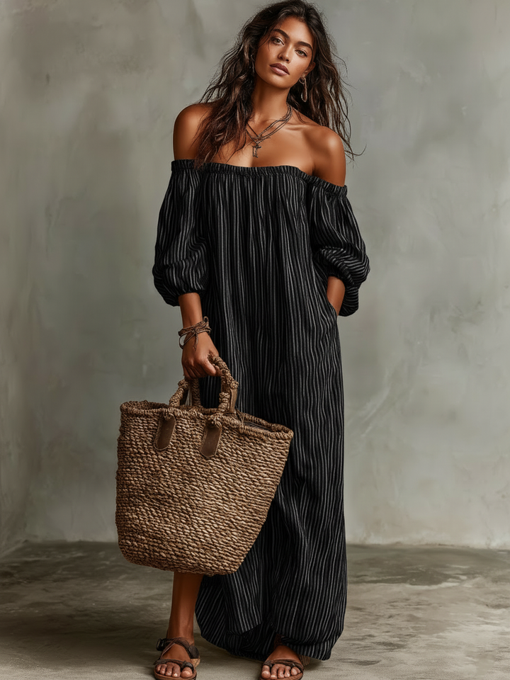 Robe Maxi à Manches Longues en Mélange Coton-Lin pour Femmes, Style Vacances, Épaules Dénudées MDZ0481B5Y