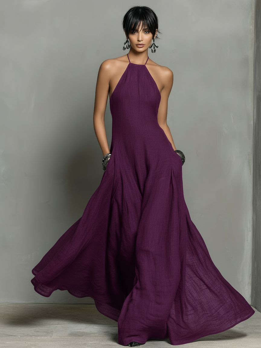 Robe Maxi Sans Manches en Mélange de Lin Minimaliste pour Femmes MDZ2210A0Y