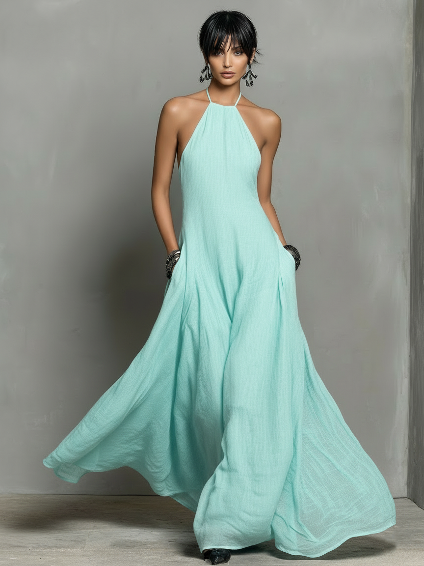 Robe Maxi Sans Manches en Mélange de Lin Minimaliste pour Femmes MDZ2210A0Y
