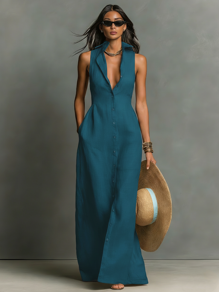 Robe Chemise Maxi Sans Manches à Col Minimaliste en Mélange de Lin pour Femmes MDZ1011C0Y