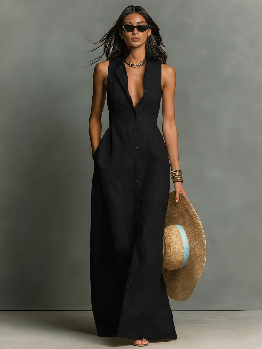 Robe Chemise Maxi Sans Manches à Col Minimaliste en Mélange de Lin pour Femmes MDZ1011C0Y