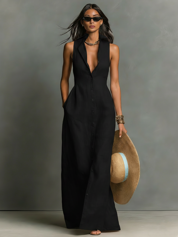 Robe Chemise Maxi Sans Manches à Col Minimaliste en Mélange de Lin pour Femmes MDZ1011C0Y