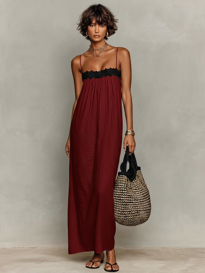 Robe Maxi Sans Manches en Mélange de Lin Minimaliste pour Femmes avec Bretelles Spaghetti MDZ1926C9Y