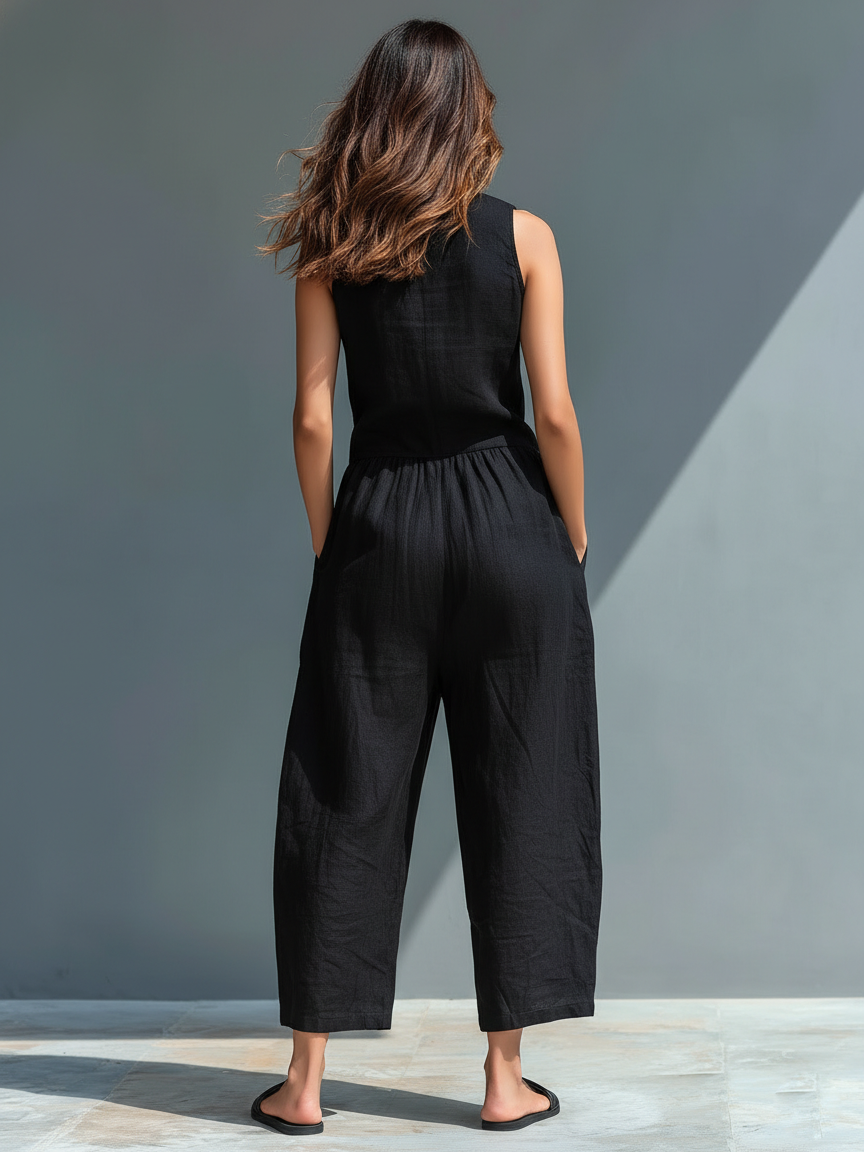 Combinaison sans manches en lin mélangé pour femmes, col montant, décontractée, avec boutons MDZ2725A5Y