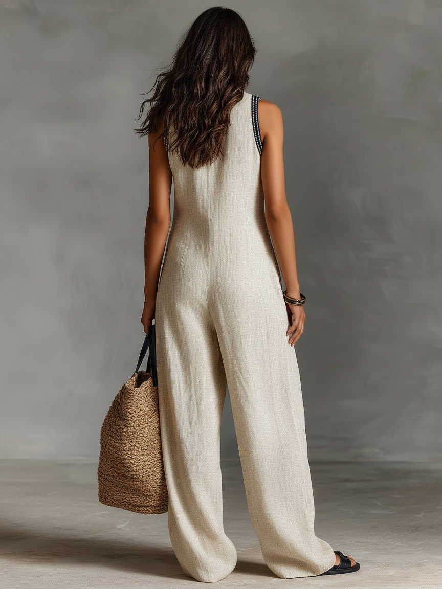 Combinaison sans manches en mélange de lin minimaliste pour femmes avec fermeture éclair et col montant, avec broderie MDZ0627B3Y