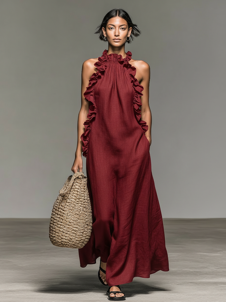 Robe Maxi Sans Manches en Mélange de Lin Minimaliste pour Femmes avec Détails Froncés MDZ1622A0Y