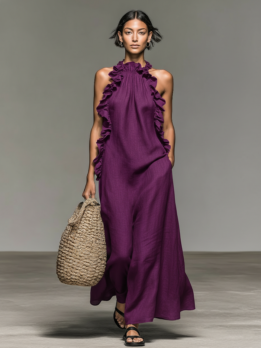 Robe Maxi Sans Manches en Mélange de Lin Minimaliste pour Femmes avec Détails Froncés MDZ1622A0Y