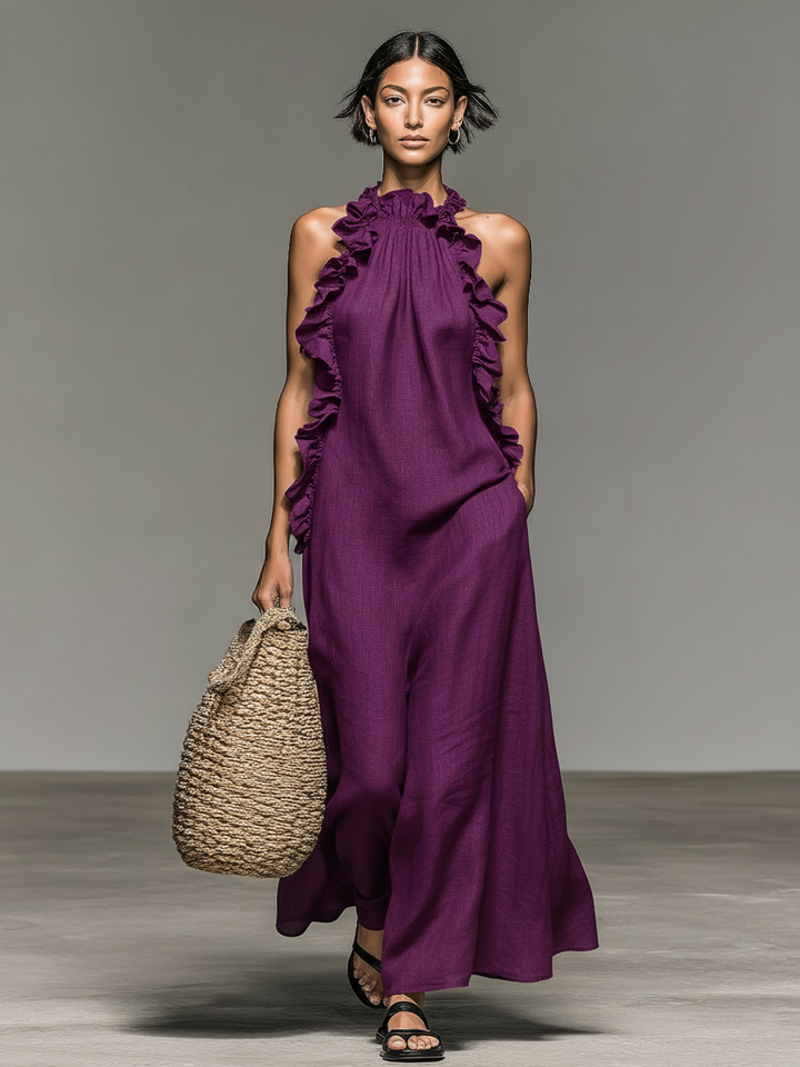 Robe Maxi Sans Manches en Mélange de Lin Minimaliste pour Femmes avec Détails Froncés MDZ1622A0Y