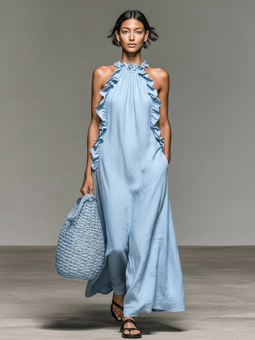 Robe Maxi Sans Manches en Mélange de Lin Minimaliste pour Femmes avec Détails Froncés MDZ1622A0Y