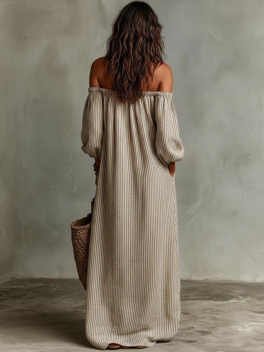 Robe Maxi à Manches Longues en Mélange Coton-Lin pour Femmes, Style Vacances, Épaules Dénudées MDZ0481B5Y