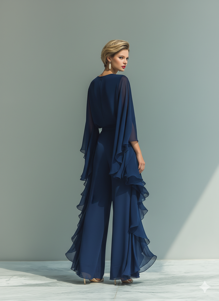 Ensemble en Chiffon Bleu Marine avec Volants