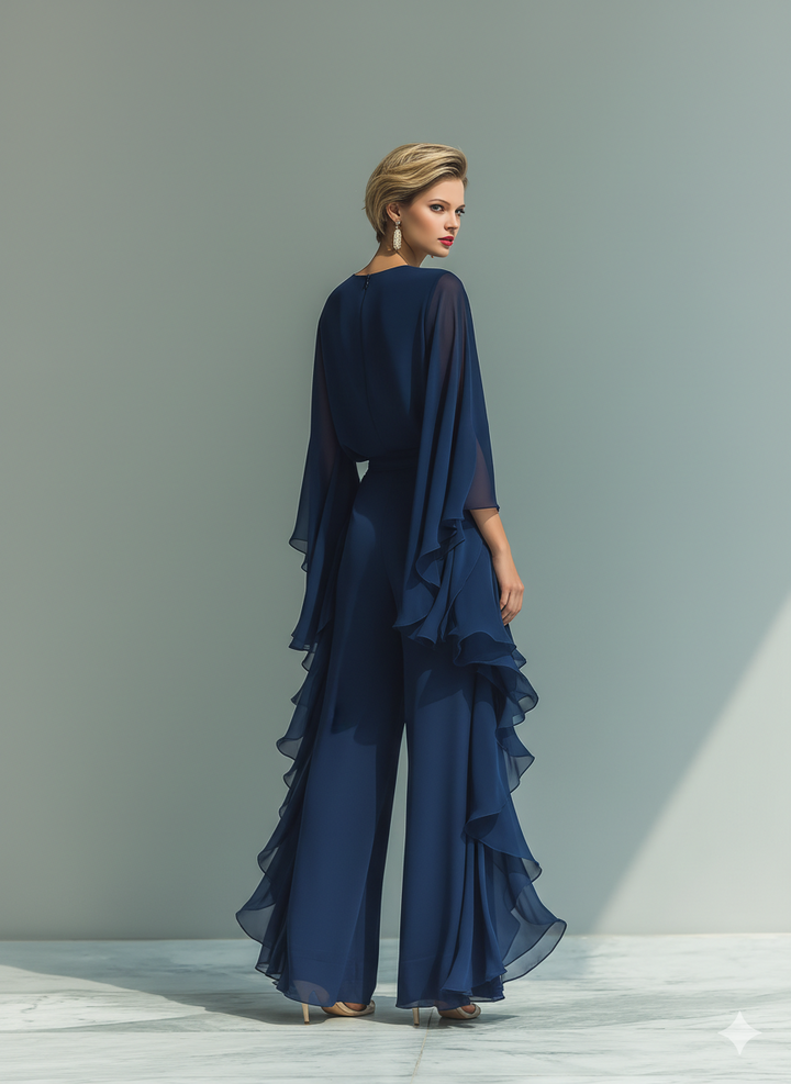Ensemble en Chiffon Bleu Marine avec Volants
