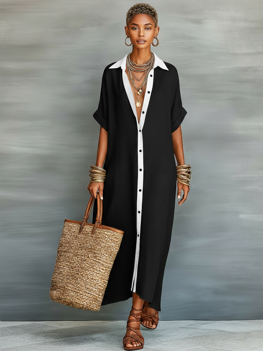 Robe Maxi Chemise à Manches Courtes en Mélange de Lin Minimaliste pour Femmes MDZ0647A2Y