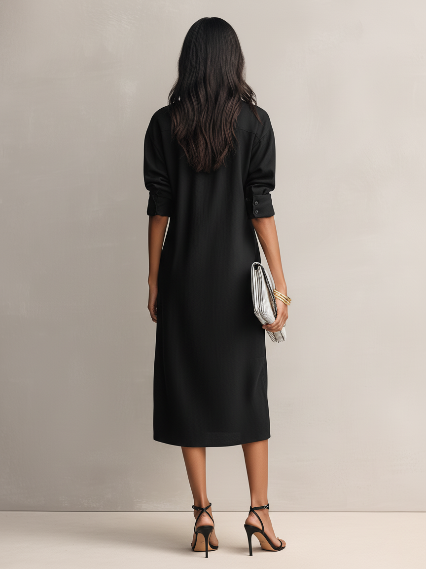 Robe Midi Élégante Femme en Mélange Coton-Lin Noir à Col Chemise à Manches Courtes MDZ0455C2AN
