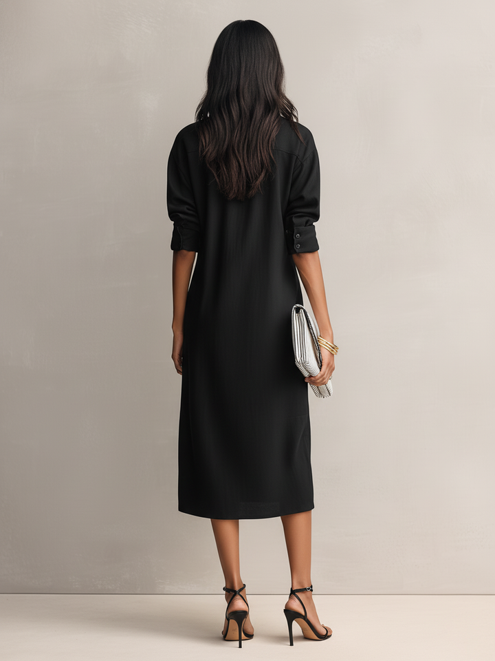 Robe Midi Élégante Femme en Mélange Coton-Lin Noir à Col Chemise à Manches Courtes MDZ0455C2AN