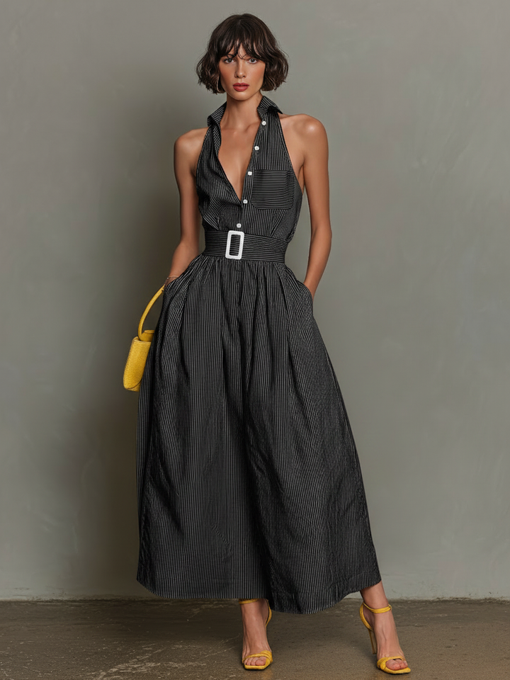 Robe Maxi Sans Manches à Col Rayé Minimaliste pour Femmes MDZ1099D5Y
