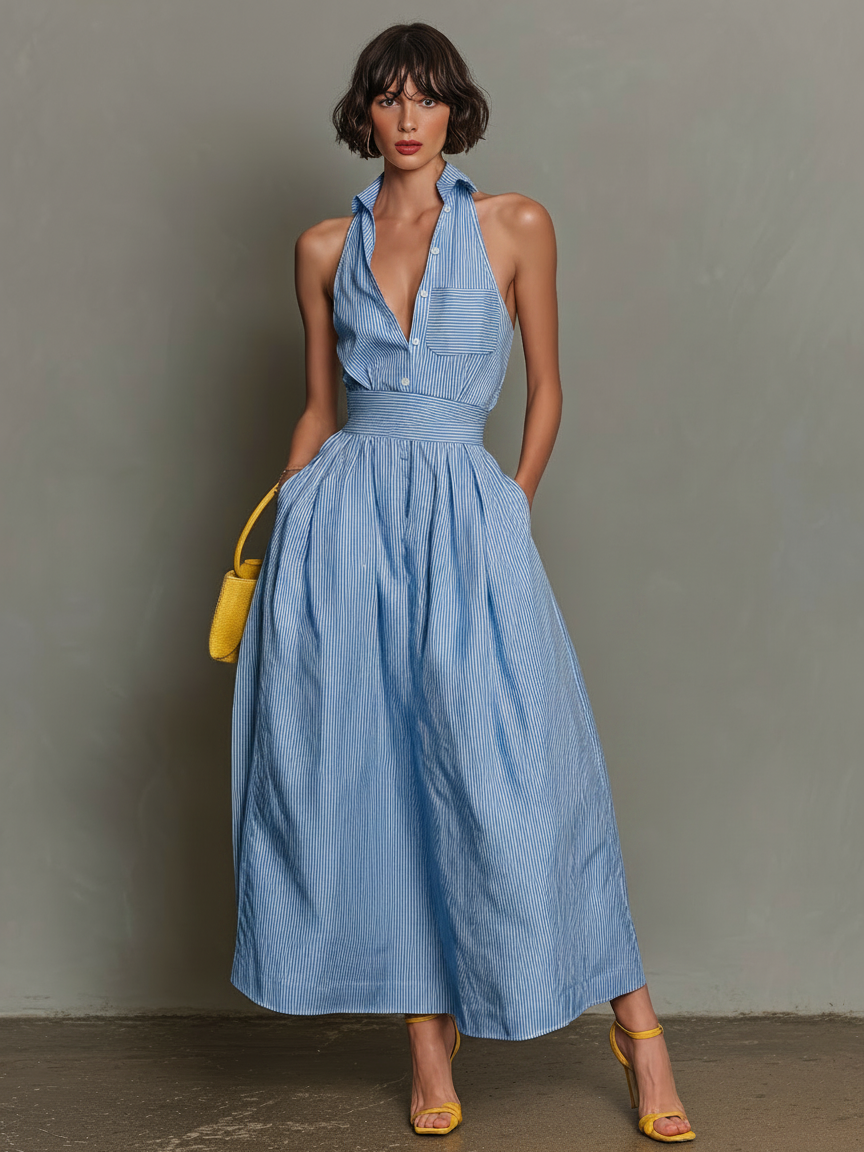 Robe Maxi Sans Manches à Col Rayé Minimaliste pour Femmes MDZ1099D5Y