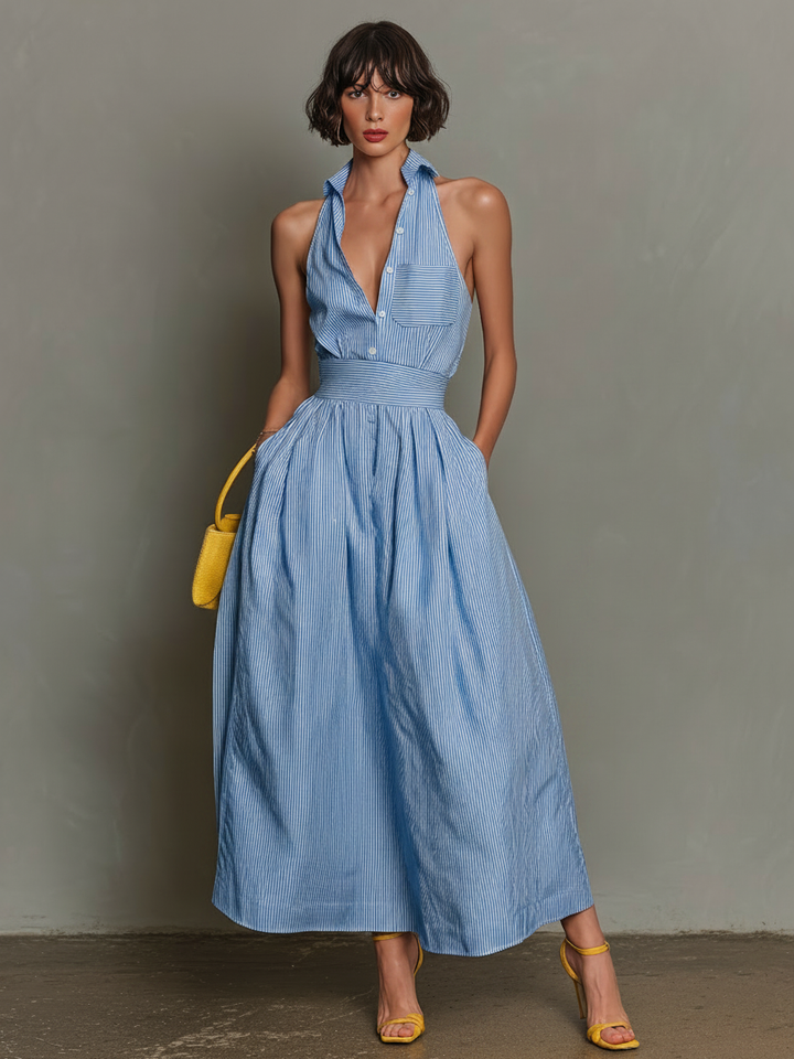 Robe Maxi Sans Manches à Col Rayé Minimaliste pour Femmes MDZ1099D5Y