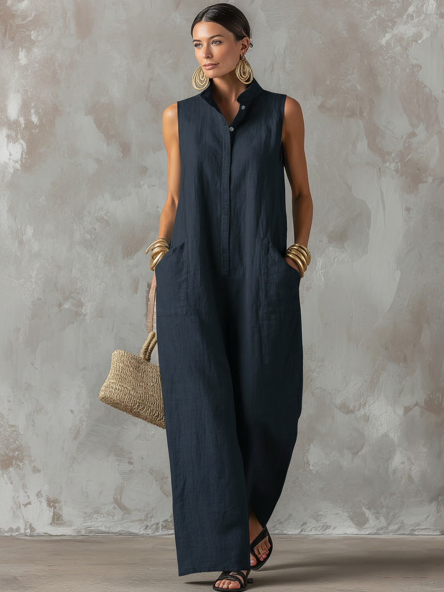Salopette Minimaliste Femme en Lin Mélangé — Col Montant, Sans Manches, Bouton Unique MDZ2928D6Y