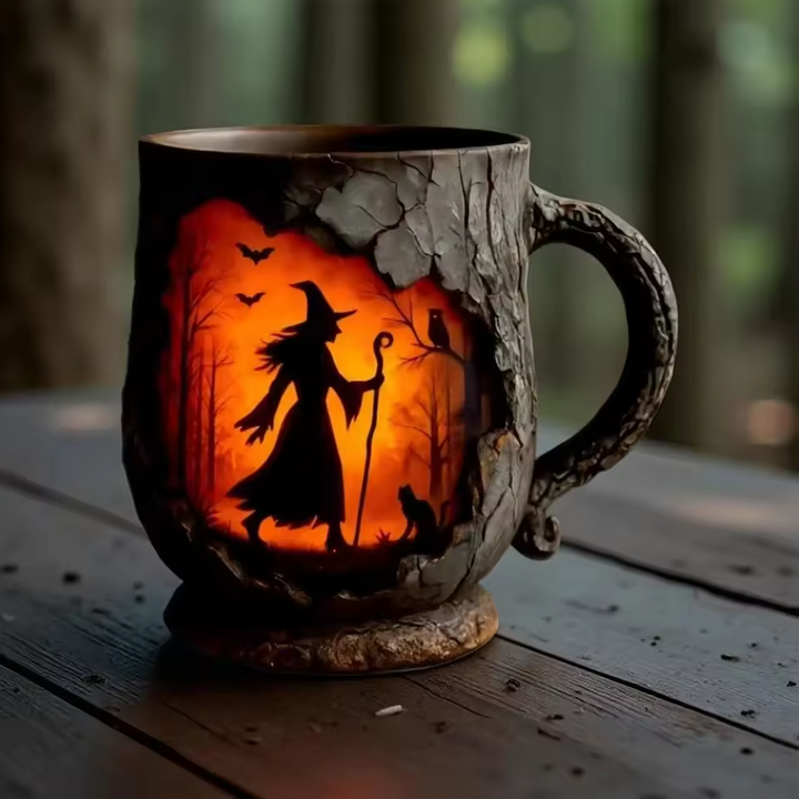 Mug 3D fait main pour Halloween – design de sorcière et de chat