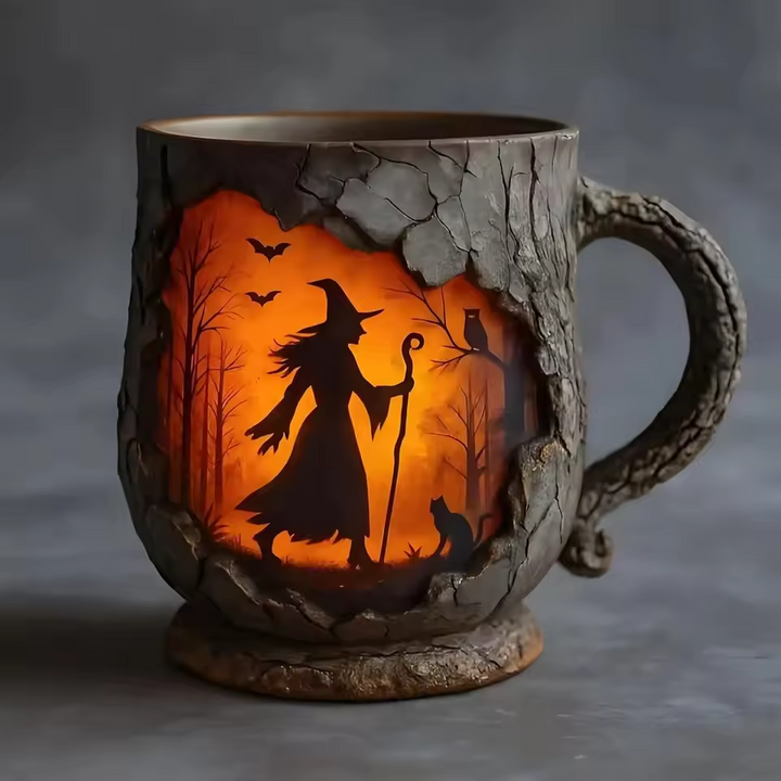 Mug 3D fait main pour Halloween – design de sorcière et de chat
