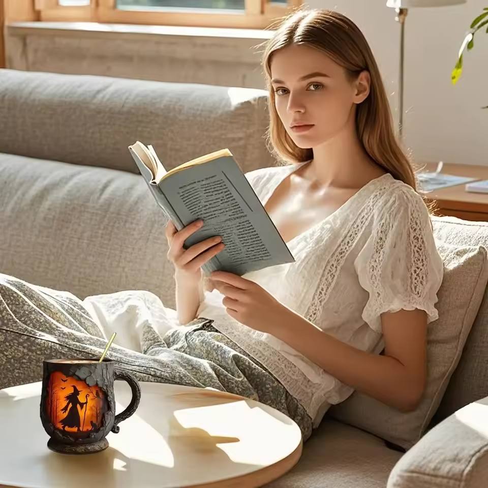 Mug 3D fait main pour Halloween – design de sorcière et de chat