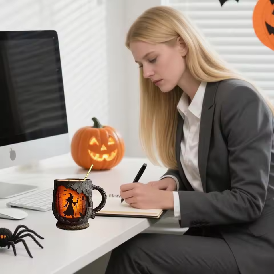 Mug 3D fait main pour Halloween – design de sorcière et de chat