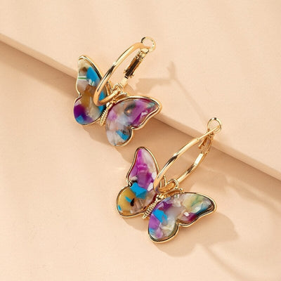 Boucles d'Oreilles Créoles avec Papillons Multicolores Dorés