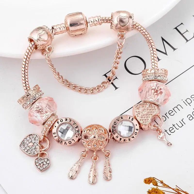 Bracelet Attrape-Rêves Rose avec Charms en Argent Inclus