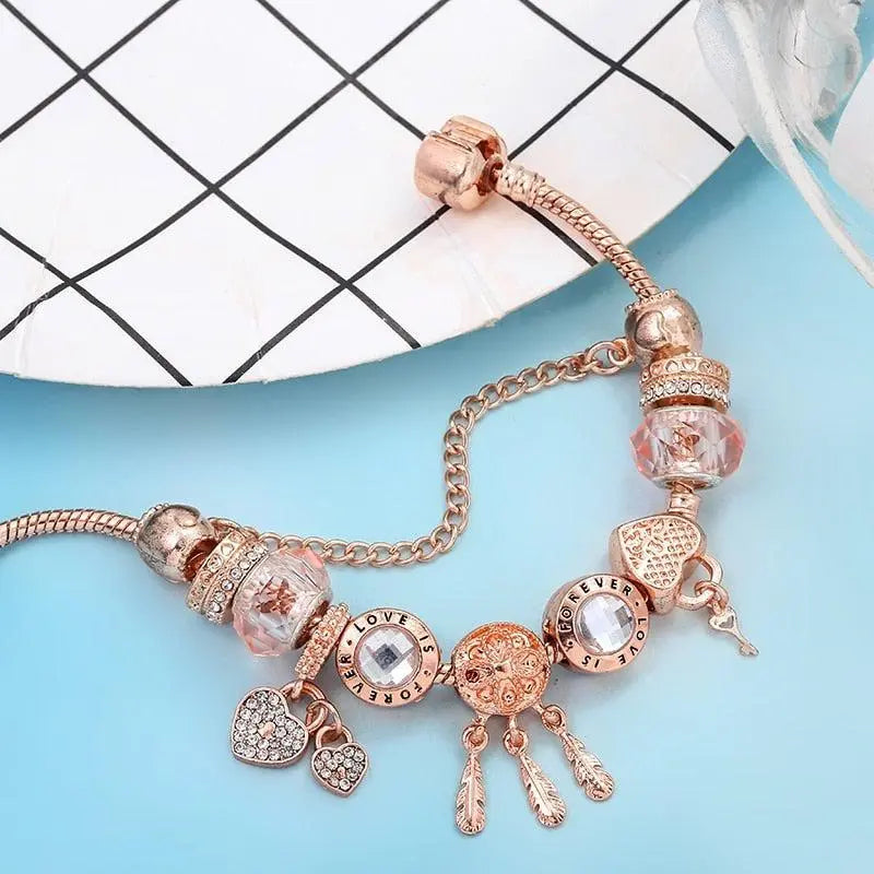 Bracelet Attrape-Rêves Rose avec Charms en Argent Inclus