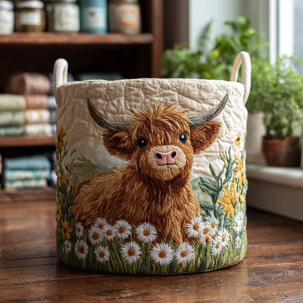 Panier rembourré avec vache Highland parmi les fleurs