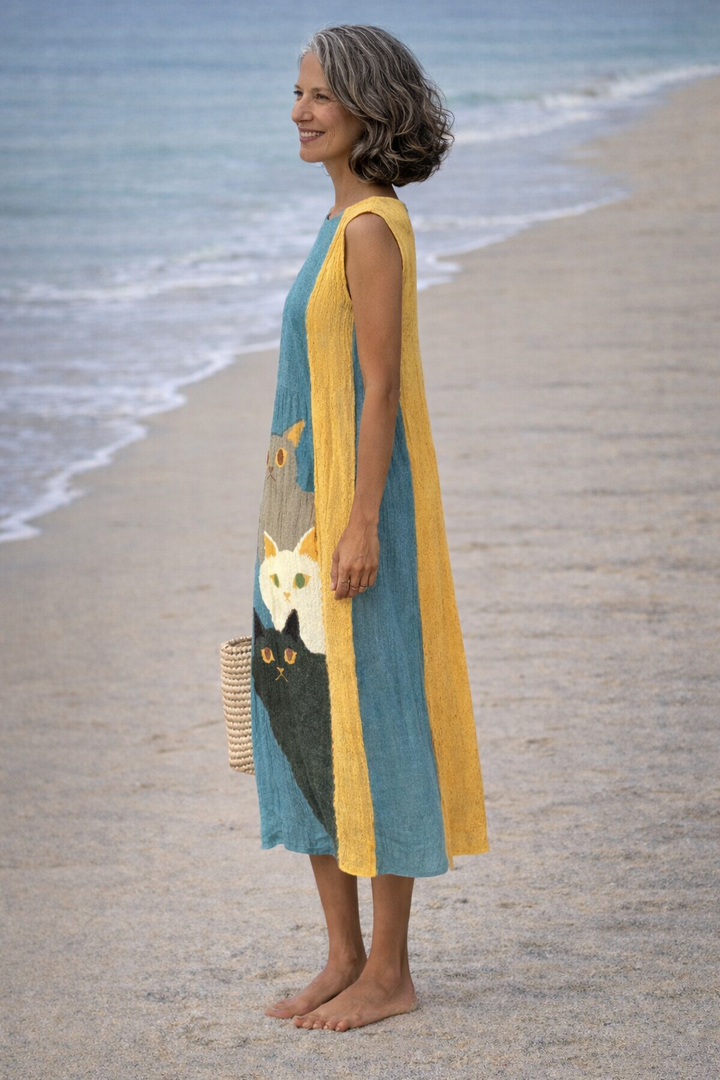 Paola | Robe vintage avec motif artistique de chats amusants