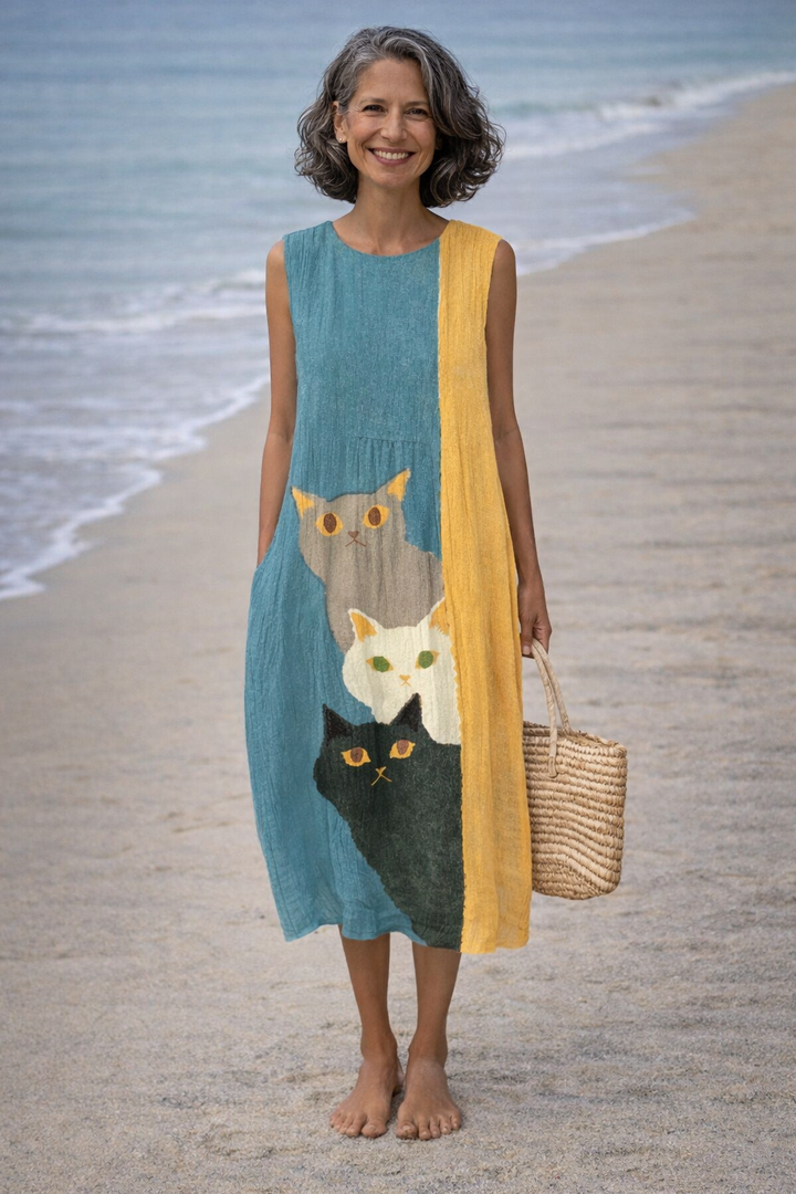 Paola | Robe vintage avec motif artistique de chats amusants