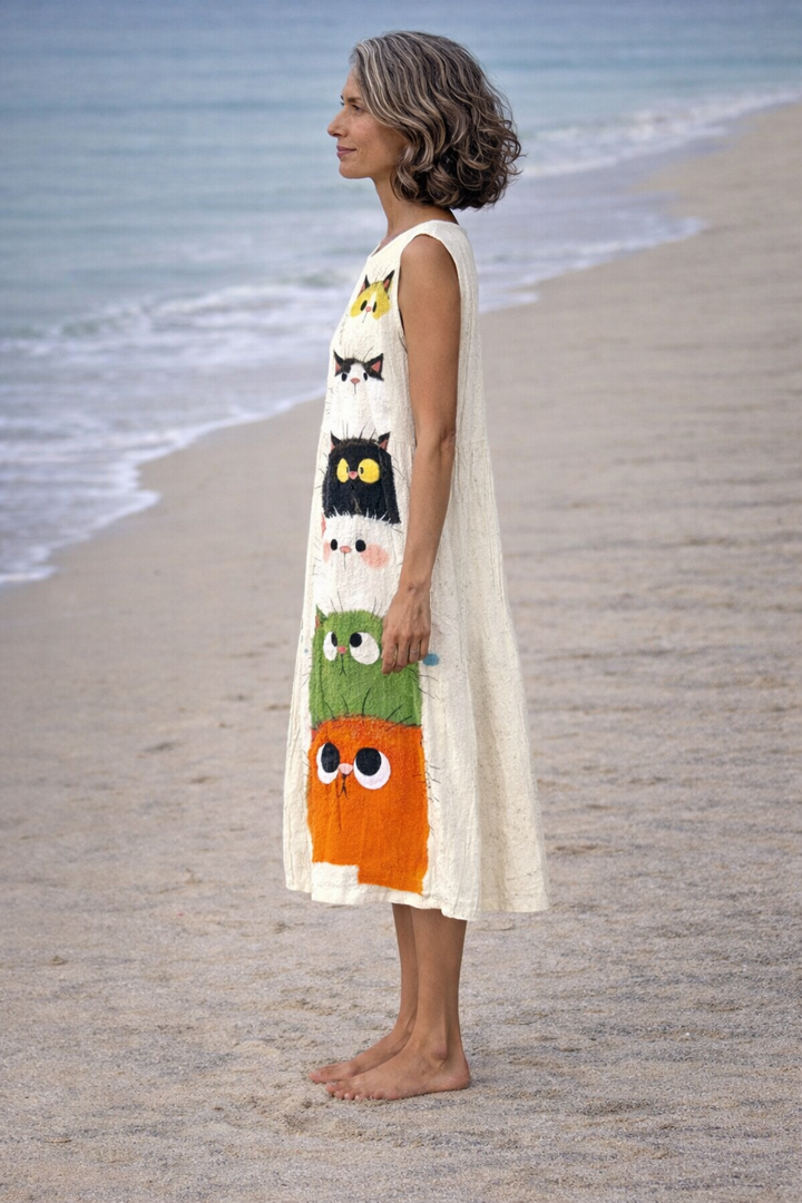 Zoé | Robe midi avec imprimé de chat mignon