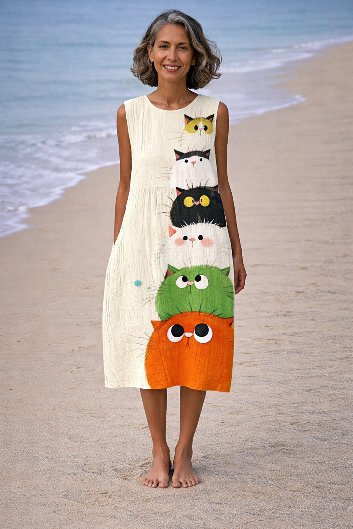 Zoé | Robe midi avec imprimé de chat mignon