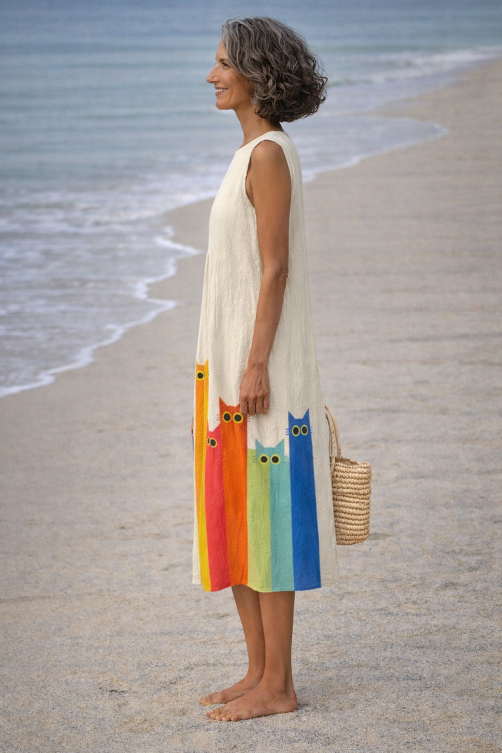 Penélope | Robe midi avec des œuvres d'art de chats colorés