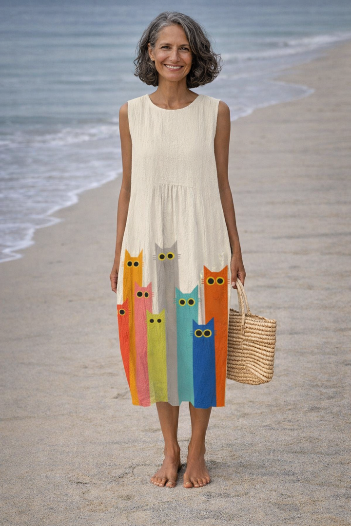 Penélope | Robe midi avec des œuvres d'art de chats colorés
