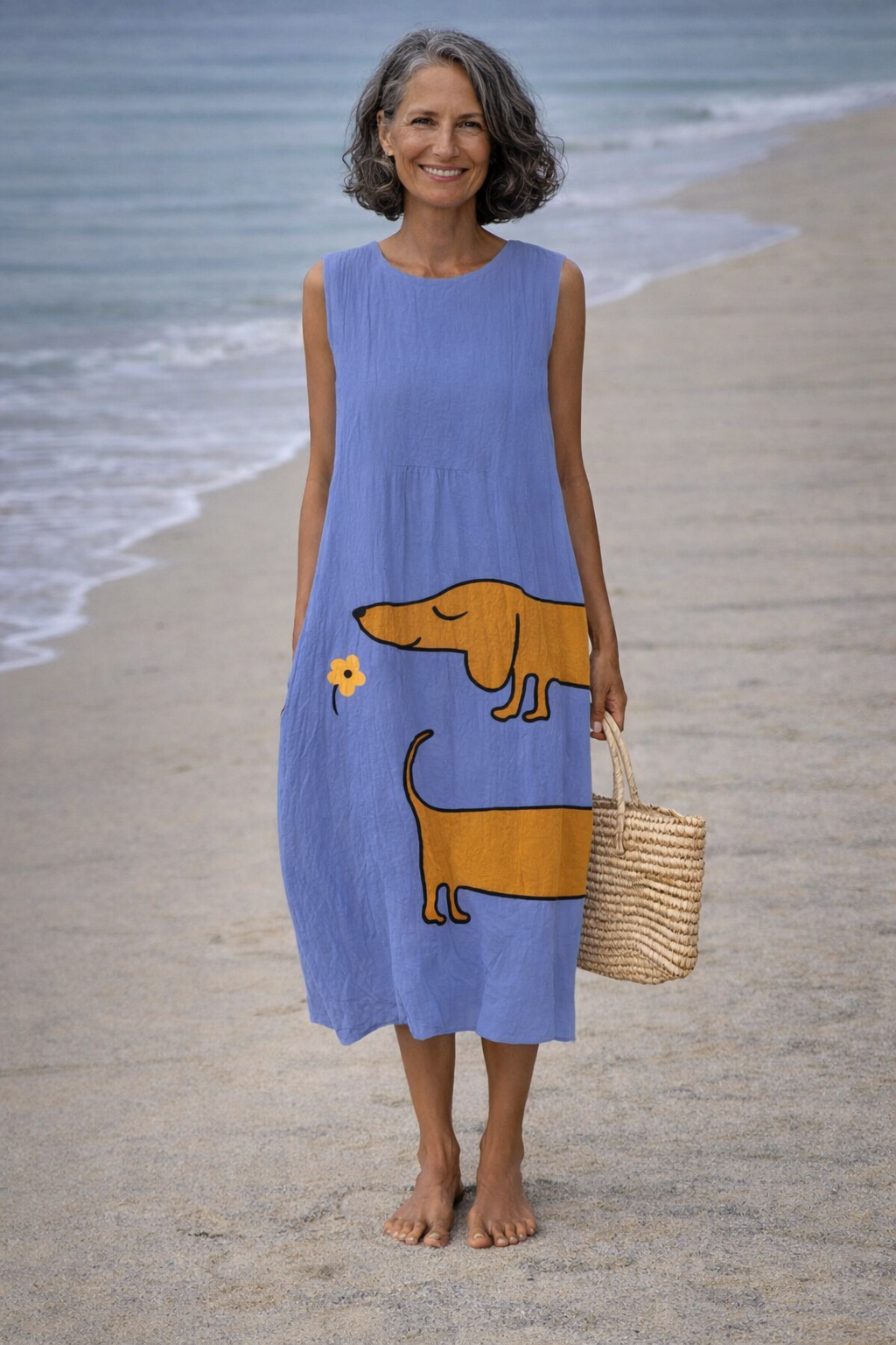 Julia | Robe en lin pour femme avec motif de chien saucisse