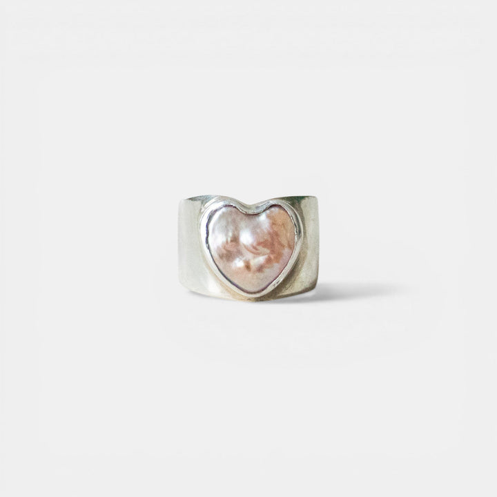 Bague de sceau large avec cœur en argent sterling 925 et perle d'eau douce naturelle - comme vu sur Insta